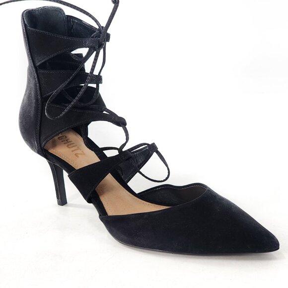 SCHUTZ Black Pointed Toe Suede Lace Up Heels - Picture 1 of 6